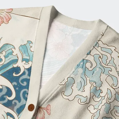 Tokyo-Tiger Koi With Sakura Waves Ugly Cardigan Sweater