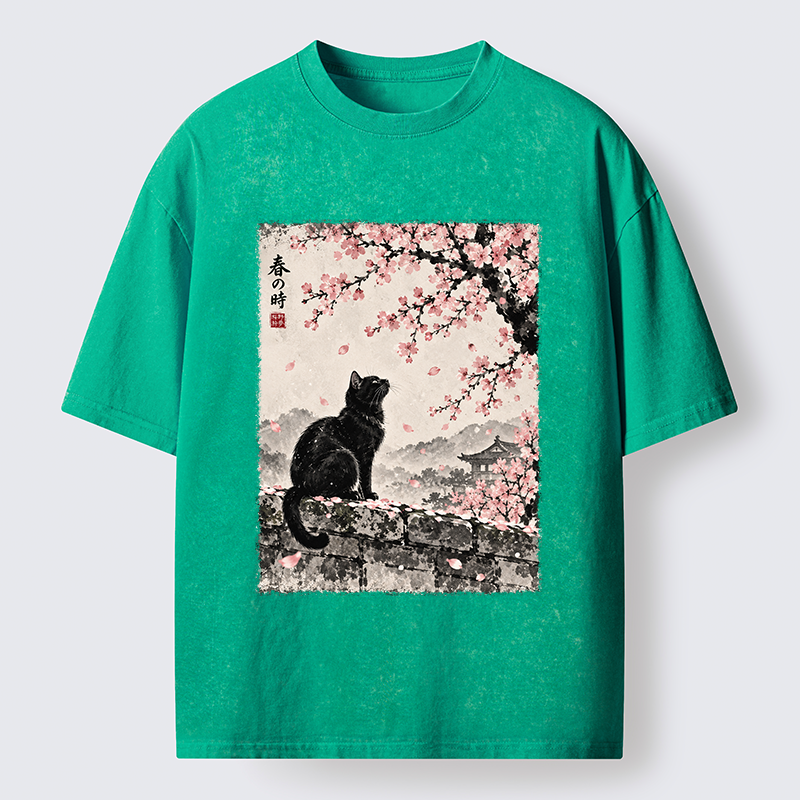 Tokyo-Tiger Spring Black Cat Art Washed T-Shirt
