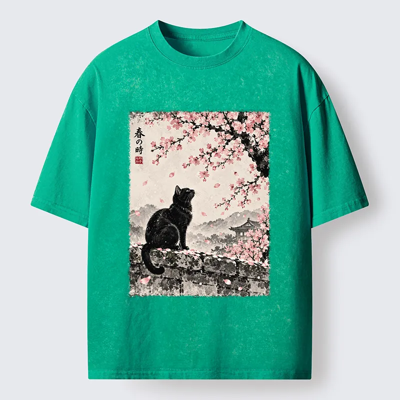 Tokyo-Tiger Spring Black Cat Art Washed T-Shirt