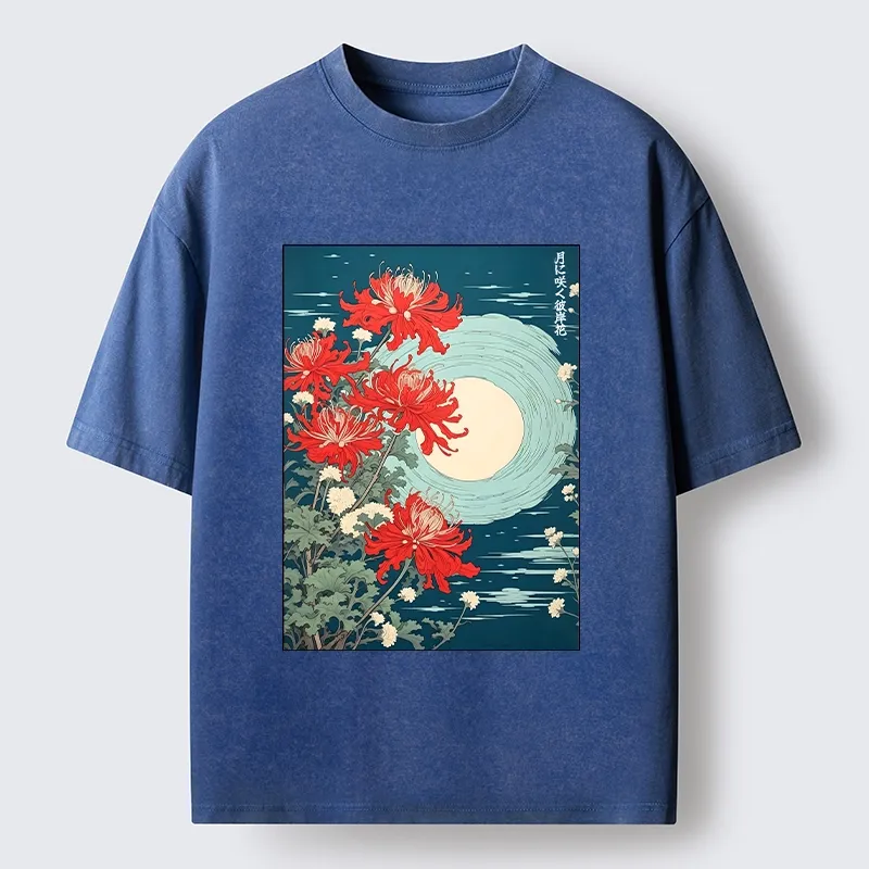 Tokyo‑Tiger Moon Red Spider Lily Washed T‑Shirt