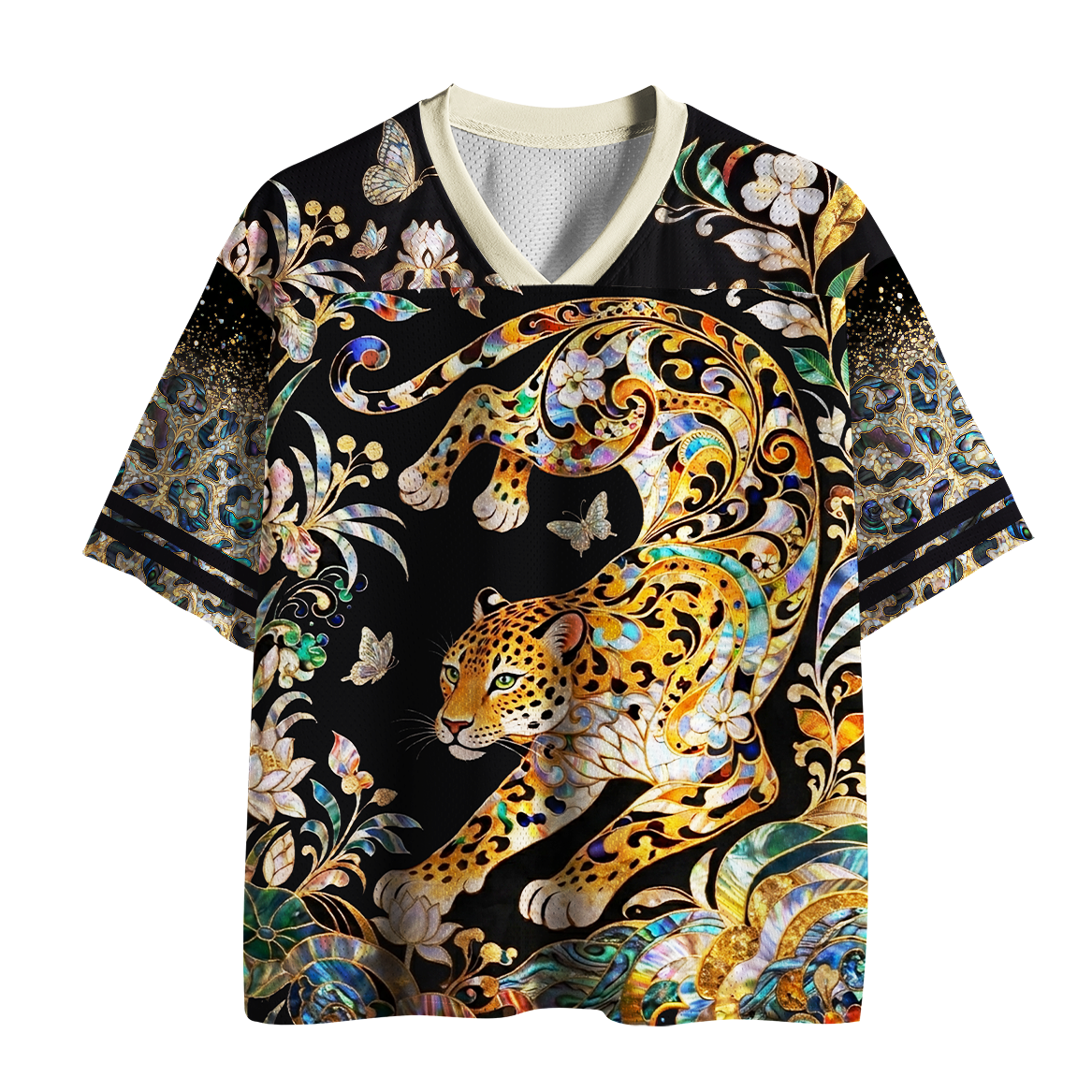 Tokyo-Tiger Abalone Shell Floral Golden Leopard Mesh Jersey