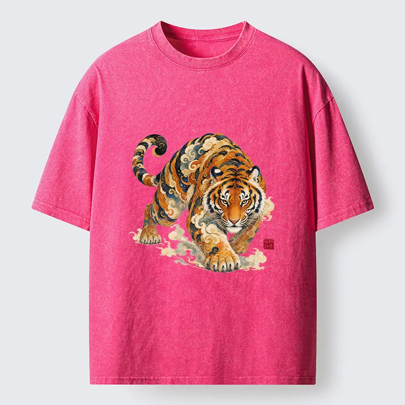 Tokyo-Tiger Vintage Cloud Tiger Print Washed T-Shirt