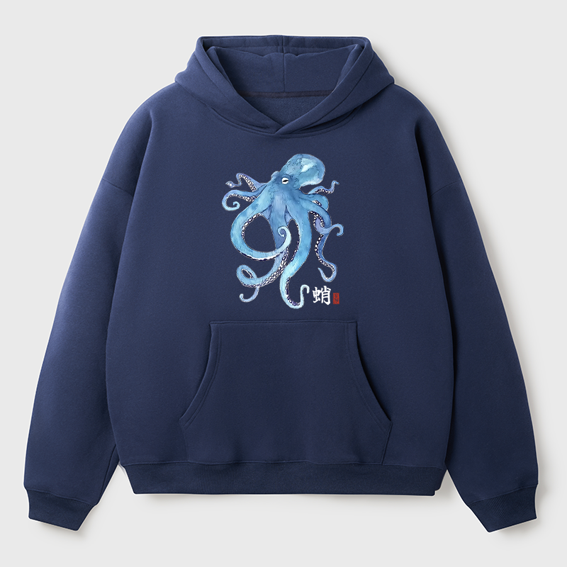 Tokyo-Tiger Watercolor Blue Octopus Adult Fleece Hoodie