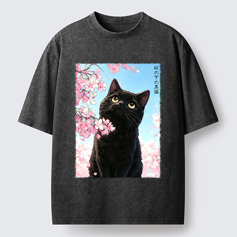 Tokyo-Tiger Japanese Sakura Black Cat Washed T-Shirt