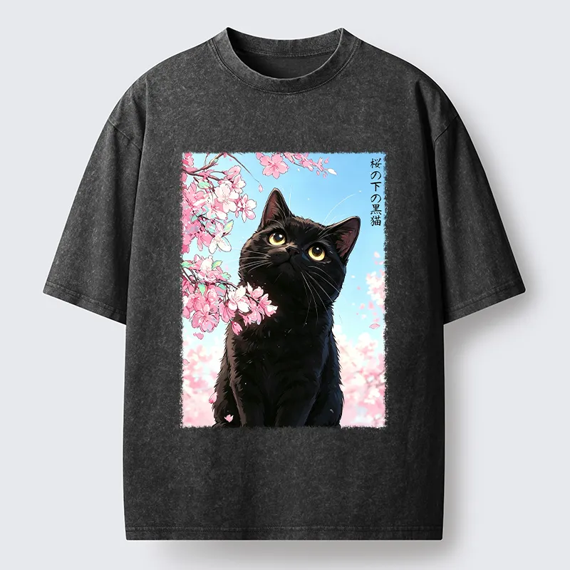 Tokyo-Tiger Japanese Sakura Black Cat Washed T-Shirt