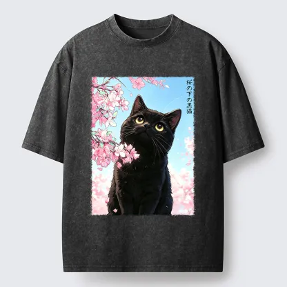 Tokyo-Tiger Japanese Sakura Black Cat Washed T-Shirt