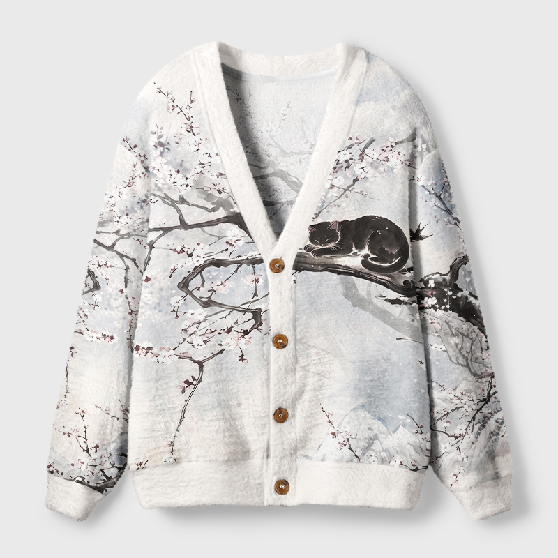 Tokyo-Tiger Oriental Ink Painting Sleeping Black Cat Ugly Cardigan Sweater