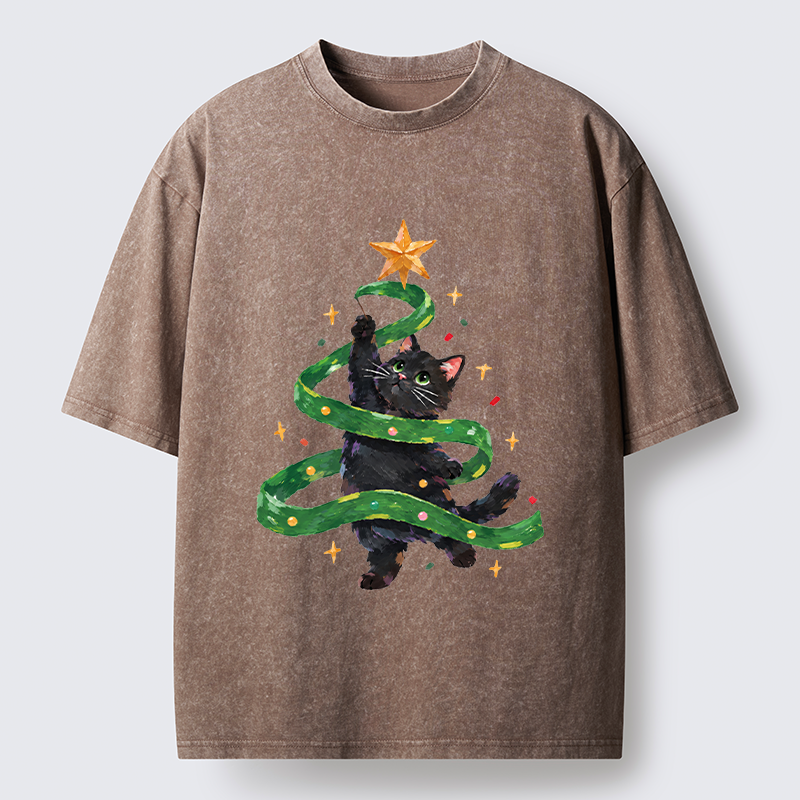 Tokyo-Tiger Black Cat Christmas Tree Ribbon Washed T-Shirt