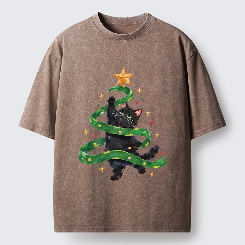 Tokyo-Tiger Black Cat Christmas Tree Ribbon Washed T-Shirt