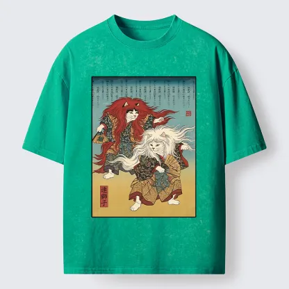 Tokyo-Tiger Traditional Japanese Kabuki Style Cat Art Washed T-Shirt