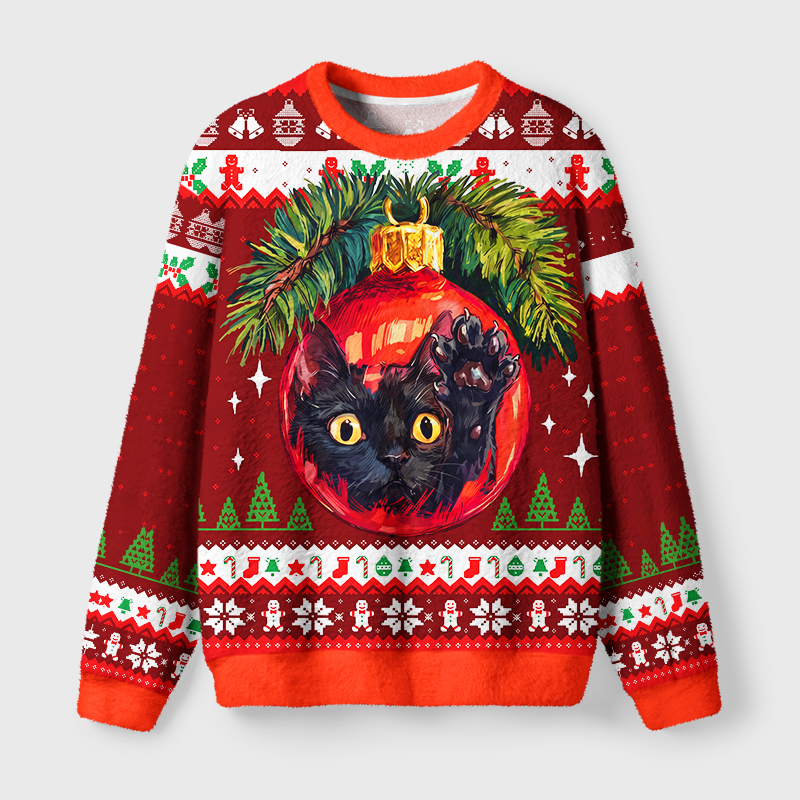 Tokyo-Tiger Black Cat In Christmas Ornament Fuzzy Christmas Ugly Sweatshirt