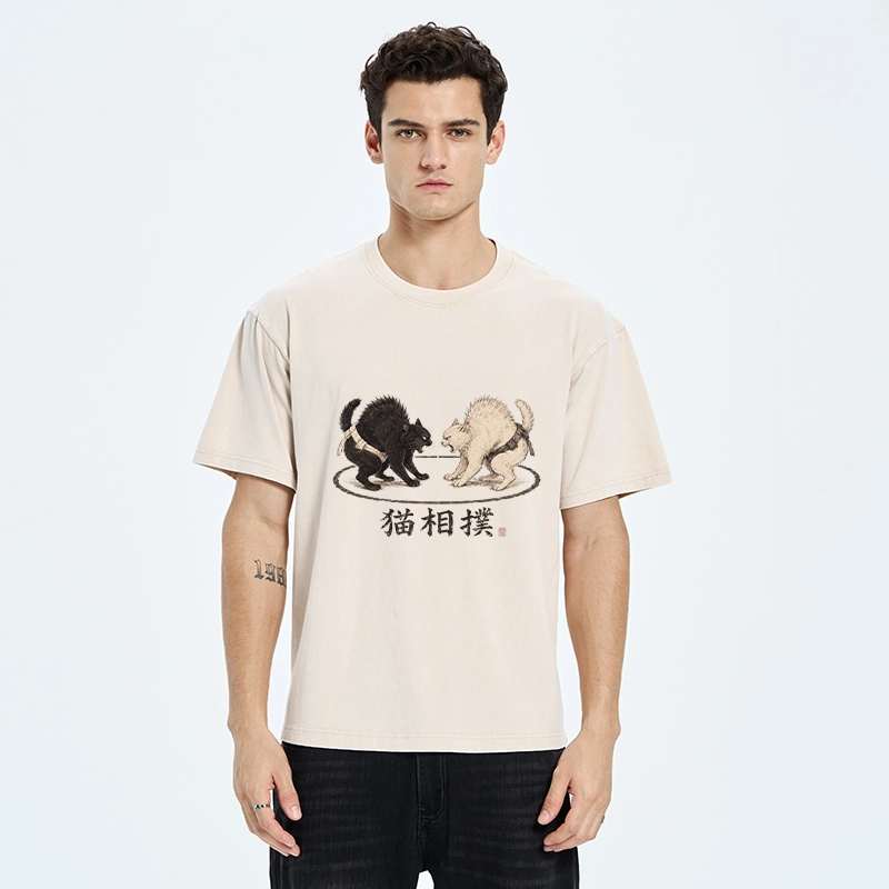 Tokyo-Tiger Cat Sumo Battle Funny Meme Washed T-Shirt