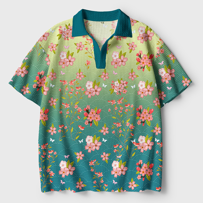 Tokyo-Tiger Sakura Blossom Waves Crochet Polo Shirt