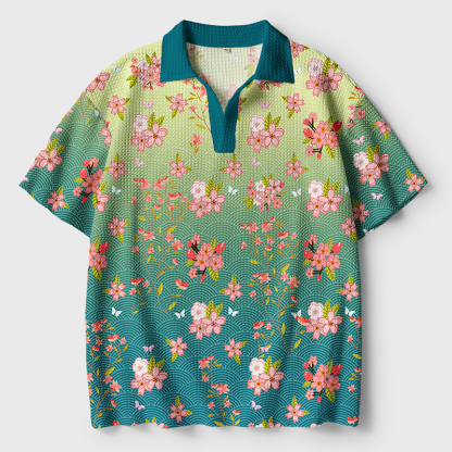 Tokyo-Tiger Sakura Blossom Waves Crochet Polo Shirt