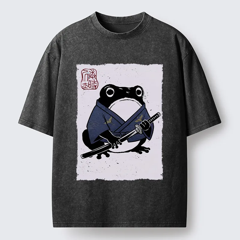 Tokyo‑Tiger Samurai Frog Art Washed T‑Shirt Sale