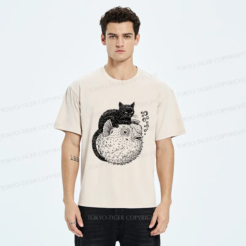 Tokyo-Tiger Black Cat Riding A Pufferfish Washed T-Shirt