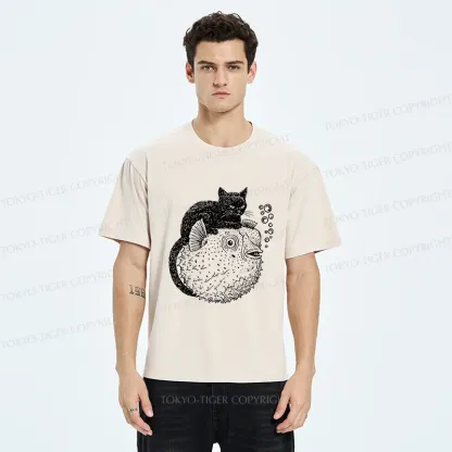 Tokyo-Tiger Black Cat Riding A Pufferfish Washed T-Shirt