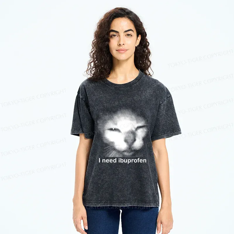 Tokyo-Tiger Blurry Cat Need Ibuprofen Washed T-Shirt