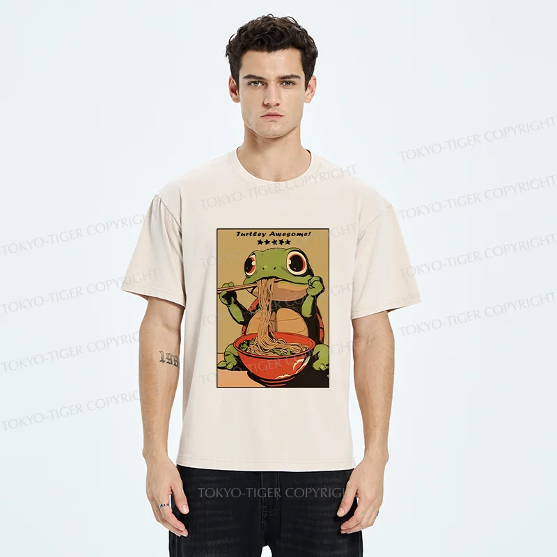 Tokyo-Tiger Turtle Eating Ramen Washed T-Shirt