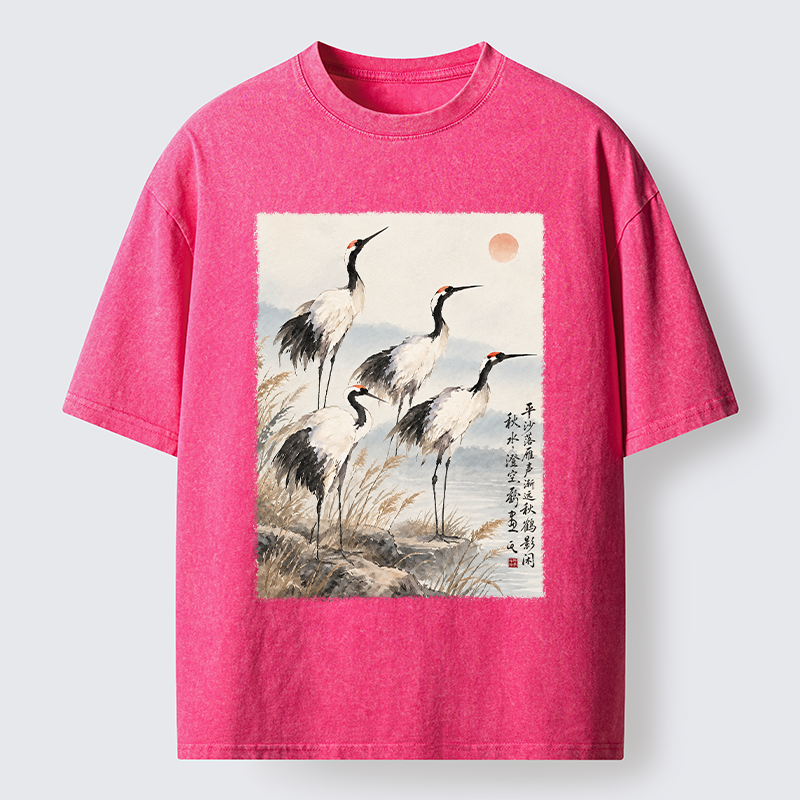 Tokyo-Tiger Vintage Oriental Crane Art Washed T-Shirt