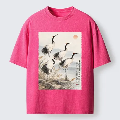 Tokyo-Tiger Vintage Oriental Crane Art Washed T-Shirt