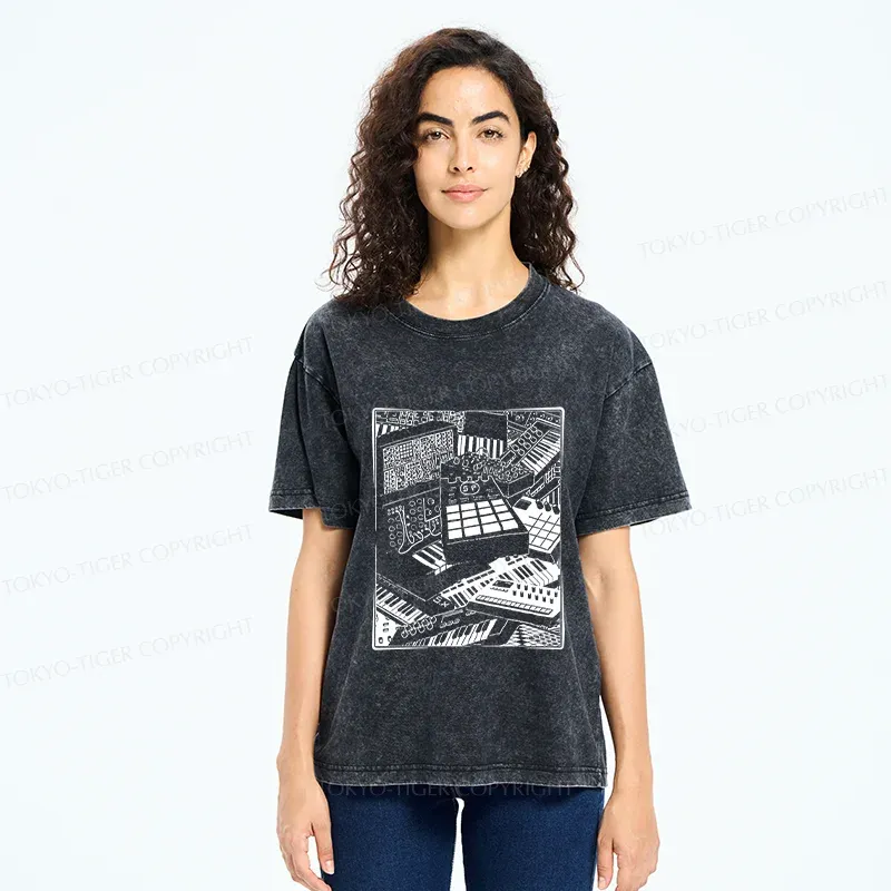 Tokyo-Tiger Retro Synthesizer Washed T-Shirt