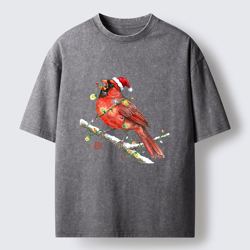 Tokyo-Tiger Christmas Cardinal Bird Washed T-Shirt