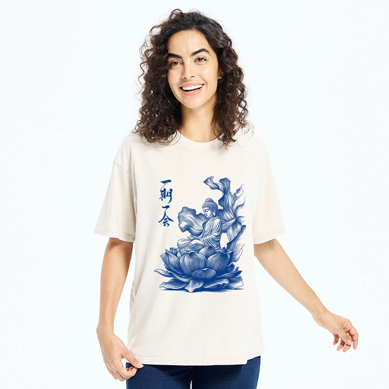 Tokyo-Tiger Calm Buddha On Big Lotus Zen Graphic Washed T-Shirt