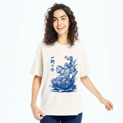 Tokyo-Tiger Calm Buddha On Big Lotus Zen Graphic Washed T-Shirt
