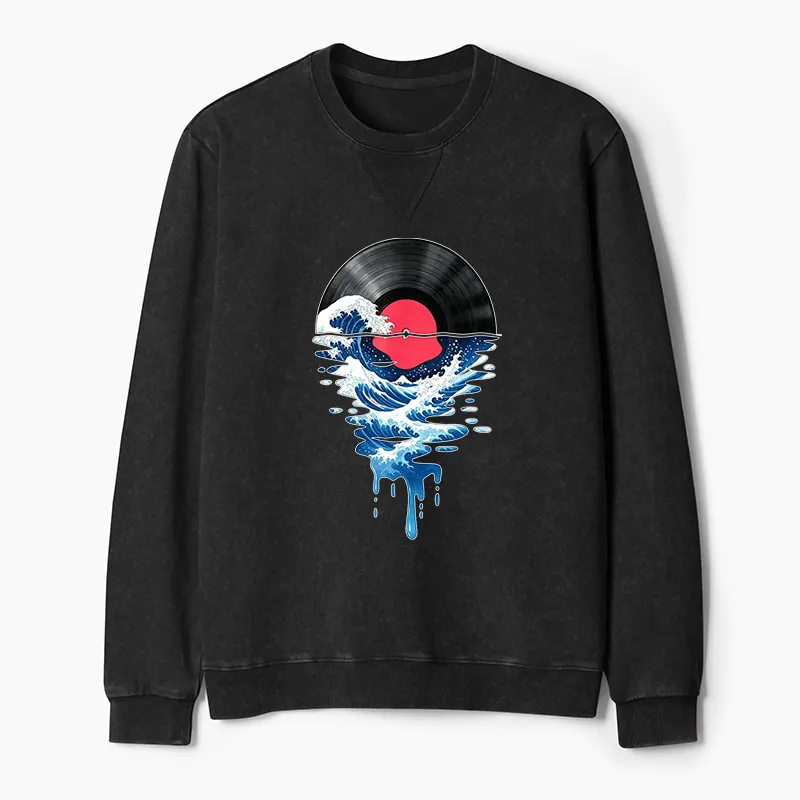 Tokyo-Tiger Vinyl Records And Waves Washed Terry Sweatshirt