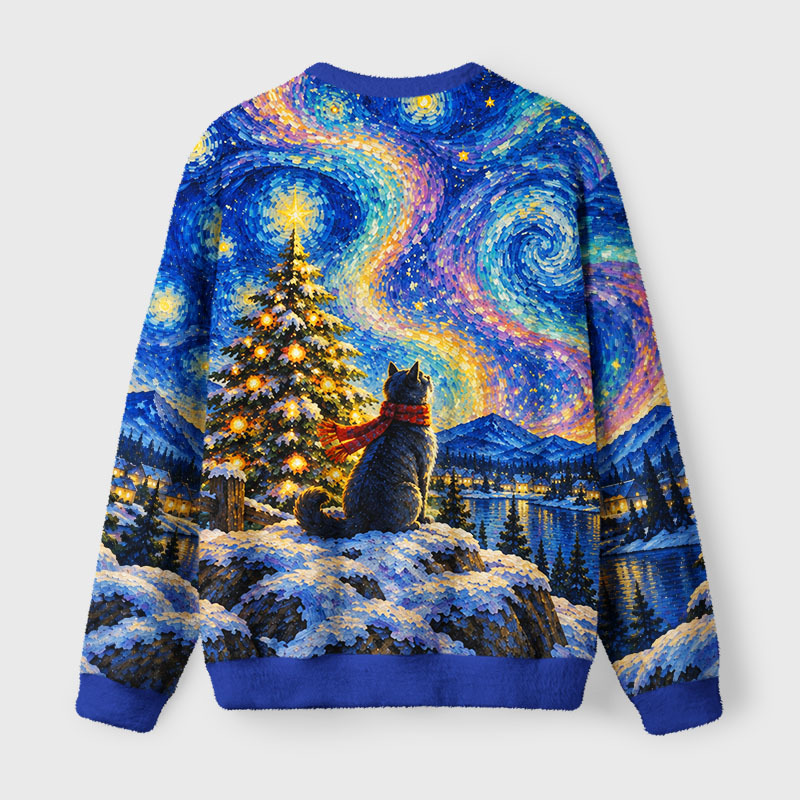 Tokyo-Tiger Starry Night Christmas Cat Fuzzy Christmas Ugly Sweatshirt