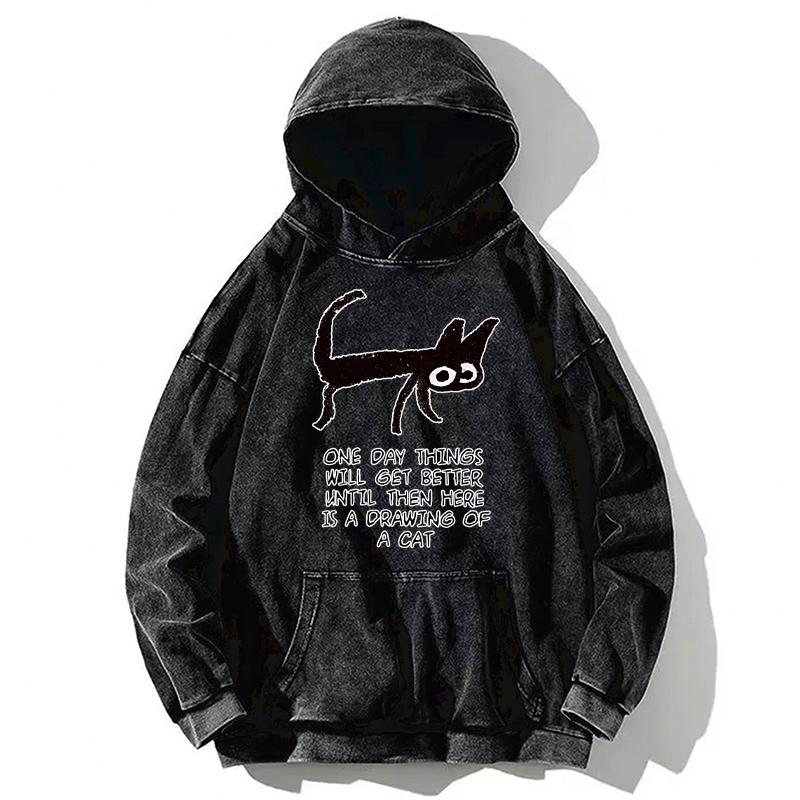 Tokyo-Tiger Cat Cheer Up Drawing Washed Hoodie