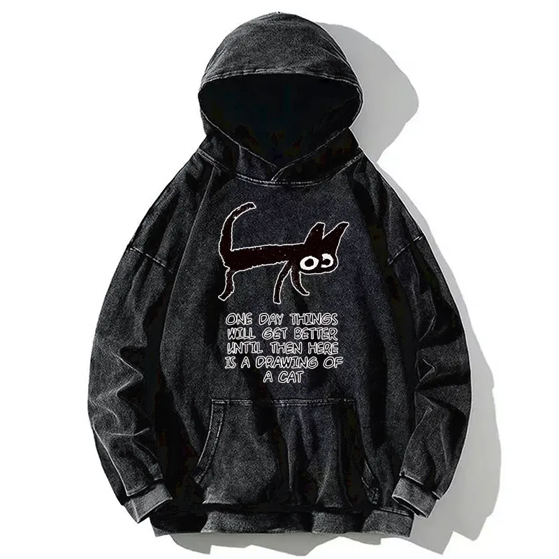 Tokyo-Tiger Cat Cheer Up Drawing Washed Hoodie