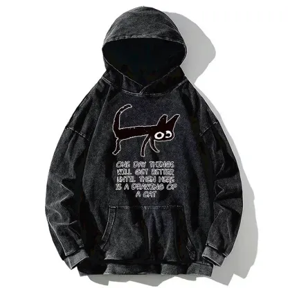 Tokyo-Tiger Cat Cheer Up Drawing Washed Hoodie