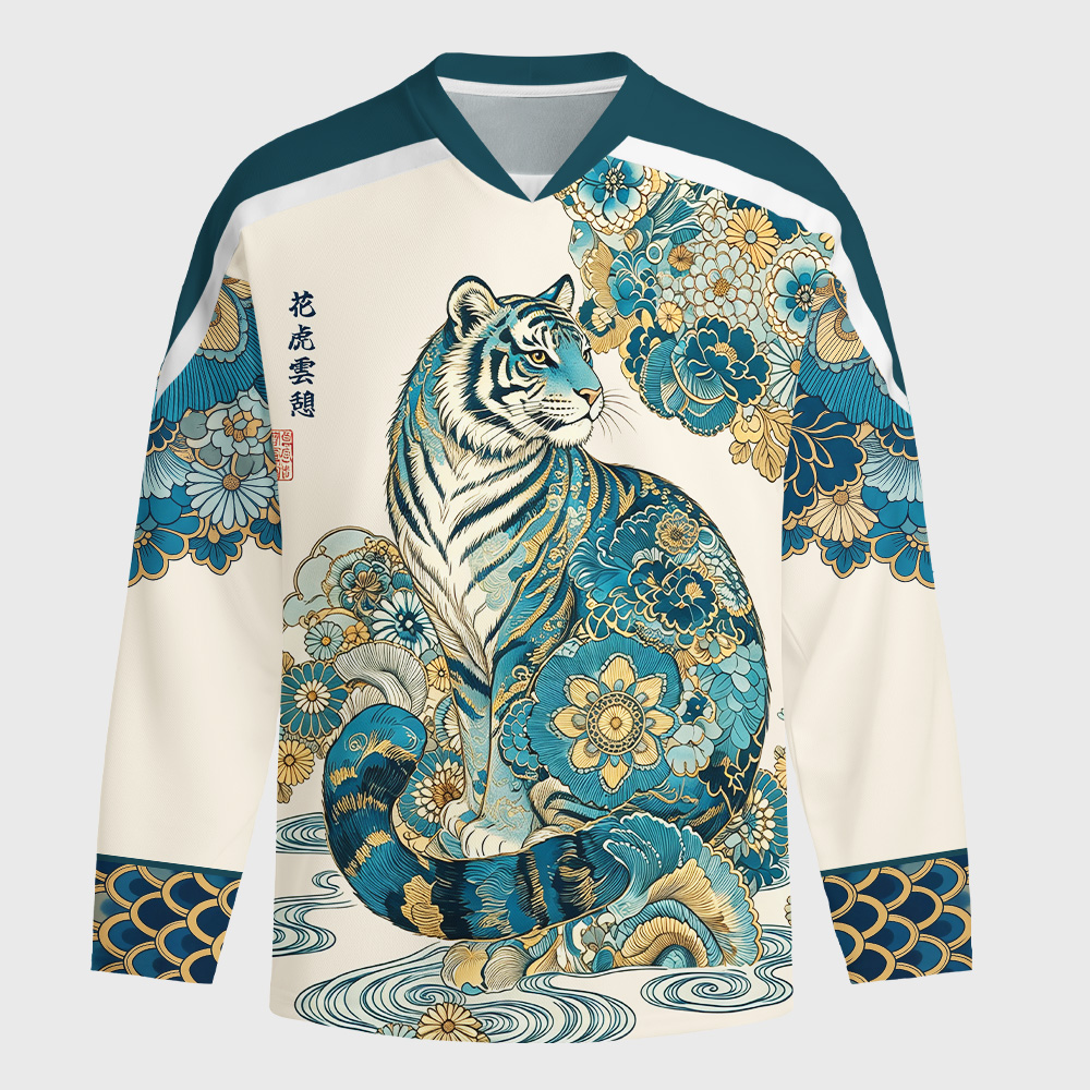 Tokyo-Tiger Cloud‑Resting Floral Long-Sleeve Hockey Jersey