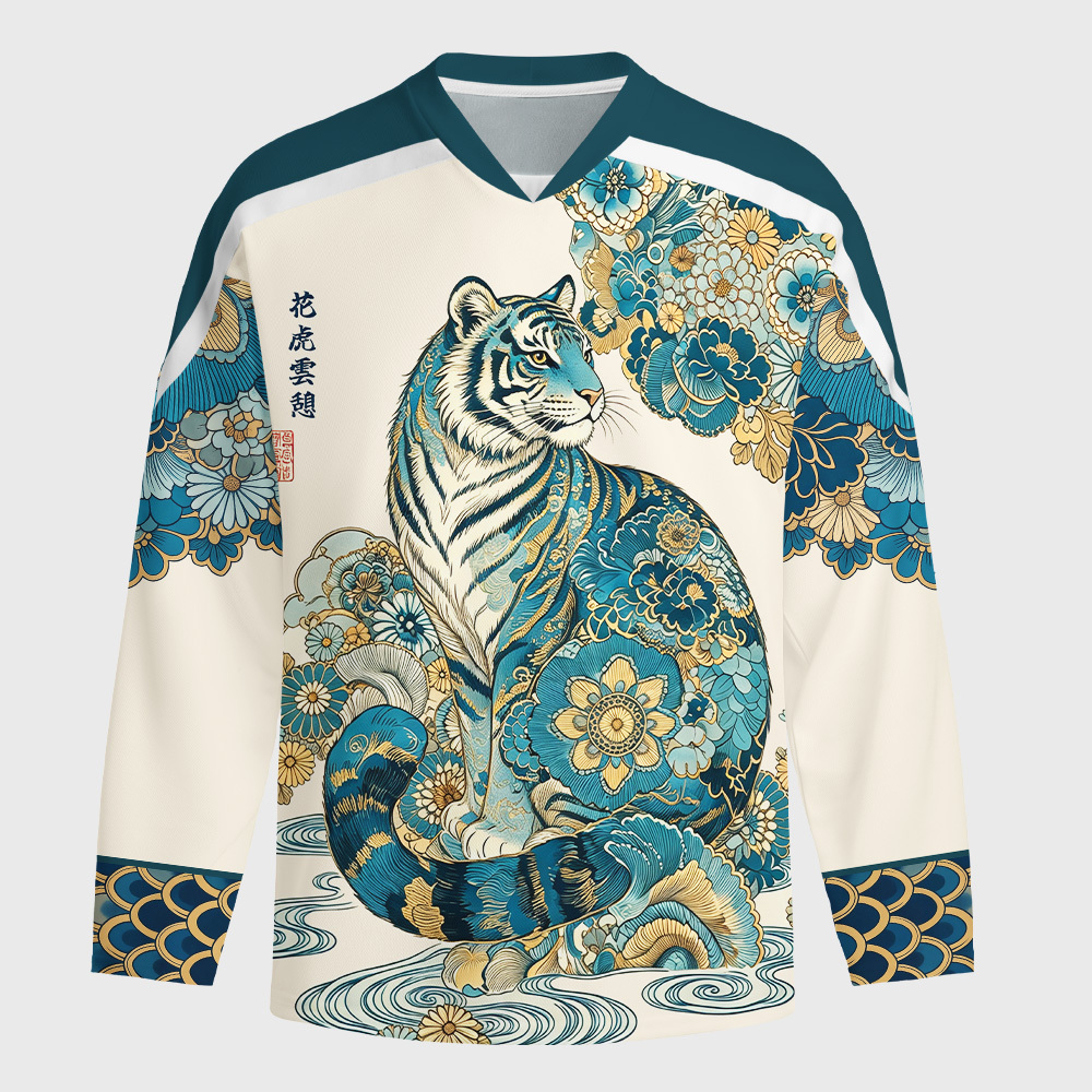 Tokyo-Tiger Cloud‑Resting Floral Long-Sleeve Hockey Jersey