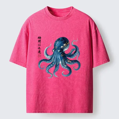 Tokyo-Tiger Japanese Ink Blue Octopus Art Washed T-Shirt