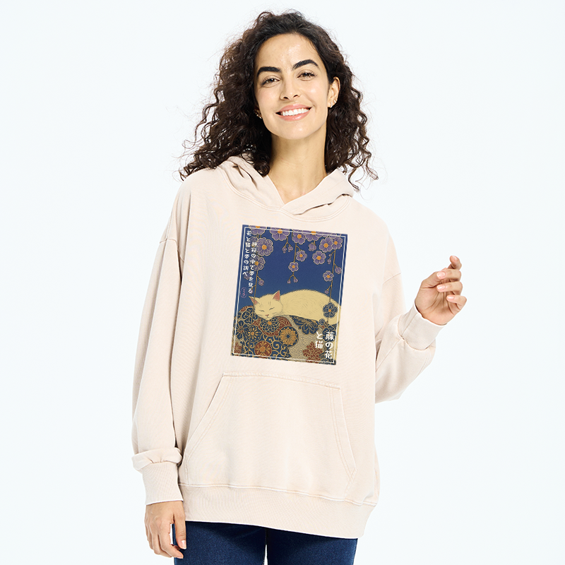 Tokyo-Tiger Ukiyoe Wisteria Flowers and Cats Washed Hoodie