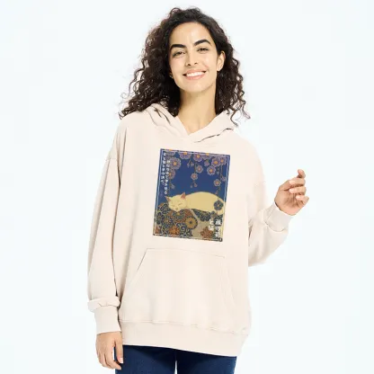 Tokyo-Tiger Ukiyoe Wisteria Flowers and Cats Washed Hoodie