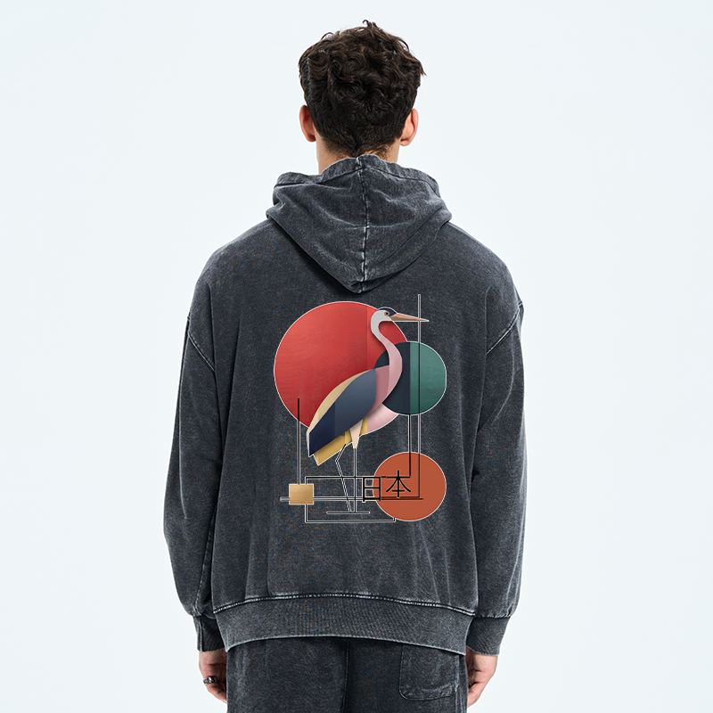 Tokyo-Tiger Geometric Crane Art Washed Zip Hoodie