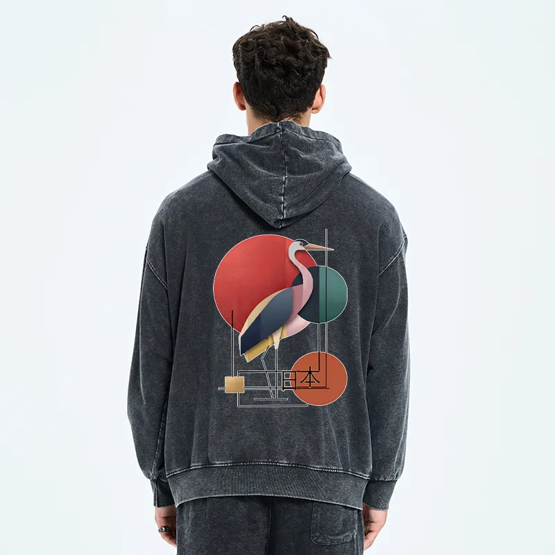 Tokyo-Tiger Geometric Crane Art Washed Zip Hoodie