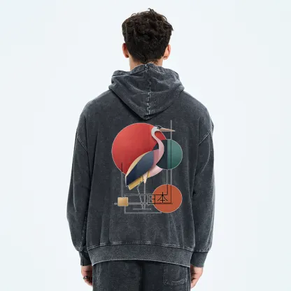 Tokyo-Tiger Geometric Crane Art Washed Zip Hoodie