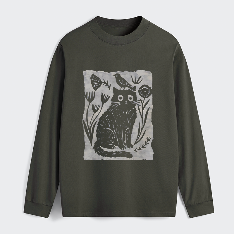 Tokyo-Tiger Folk Paper Cut Cat Bird Floral Art Classic Long Sleeve T-Shirt