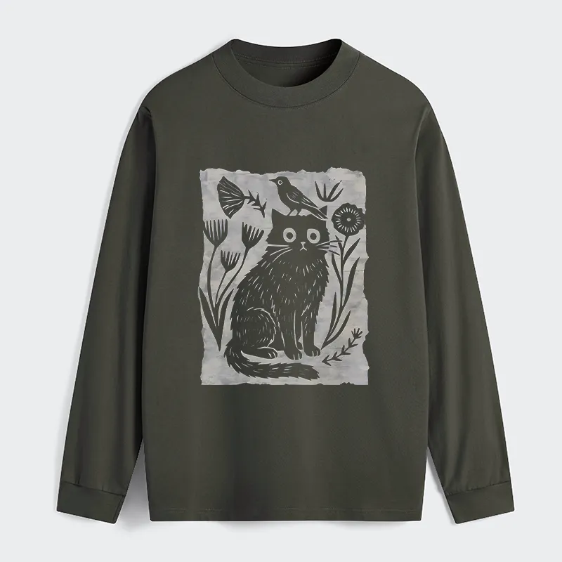 Tokyo-Tiger Folk Paper Cut Cat Bird Floral Art Classic Long Sleeve T-Shirt