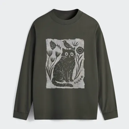 Tokyo-Tiger Folk Paper Cut Cat Bird Floral Art Classic Long Sleeve T-Shirt