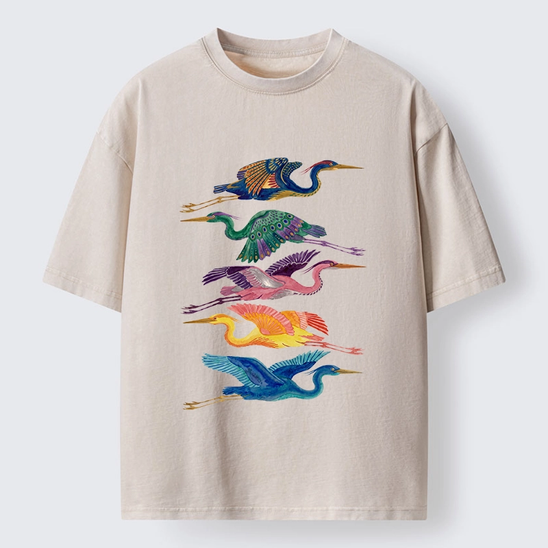 Tokyo‑Tiger Colorful Flying Cranes Washed T‑Shirt