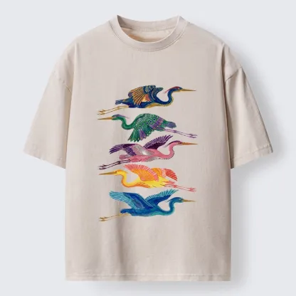 Tokyo‑Tiger Colorful Flying Cranes Washed T‑Shirt