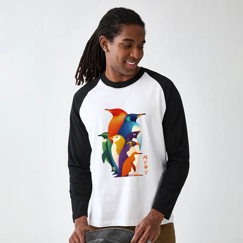 Tokyo-Tiger Cute Multi Tone Penguins Raglan Long Sleeve T-shirt