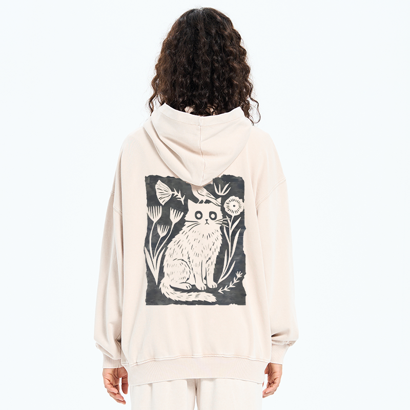 Tokyo-Tiger Folk Paper Cut Cat Bird Floral Art Washed Zip Hoodie