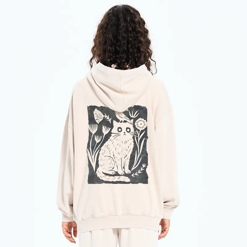 Tokyo-Tiger Folk Paper Cut Cat Bird Floral Art Washed Zip Hoodie